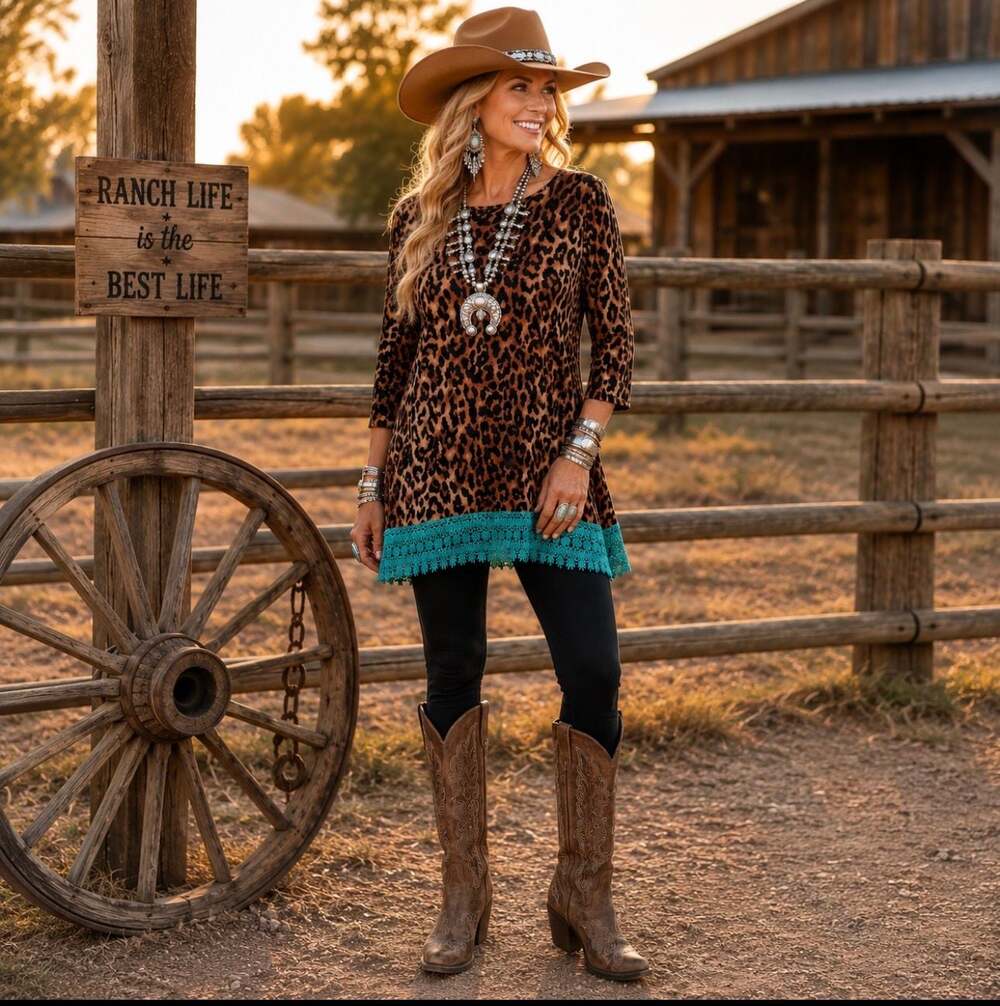 L&B Women’s Medium Leopard Print Tunic Teal Crochet Lace Trim
